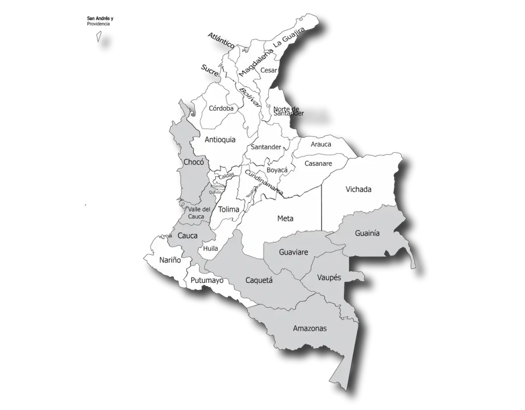 Mapa de Colombia con la ubicación geográfica de la Guacamaya Cariseca