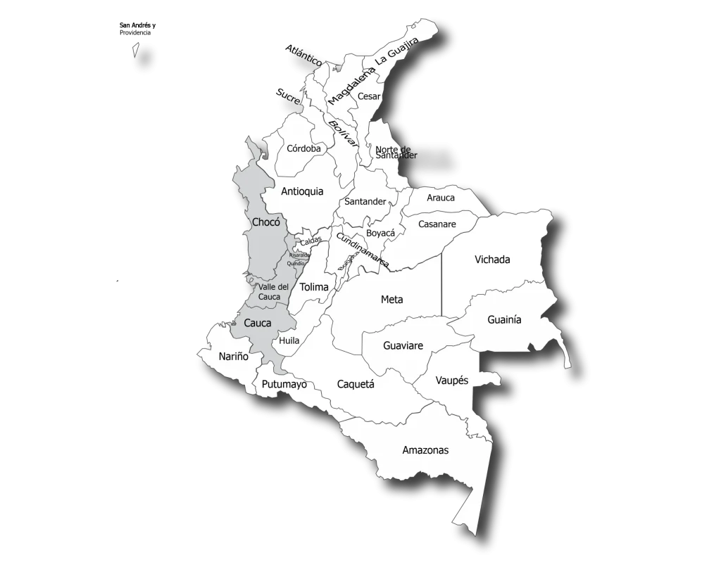 Mapa de la distribución en Colombia de la Rana dardo dorada. Anfibio venenoso endémico de Colombia