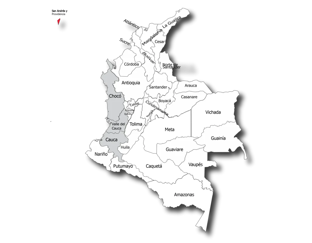Mapa de Colombia que muestra la distribución del Colibrí Zafiro Coroniverde, en el que se resalta la costa pacífica al occidente del país. Un diseño Objetos Poéticos
