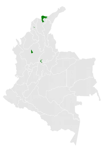 Mapa de Colombia de Wikipedia sobre la ubicación del Paujil de pico azul (Crax alberti).