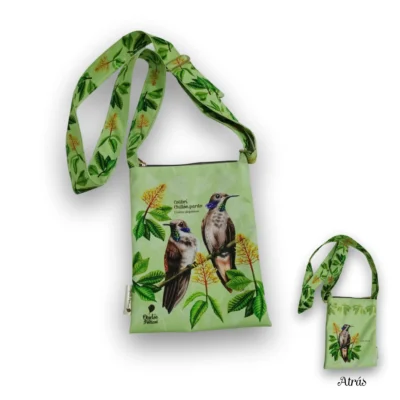 Imagen del bolso cruzado ilustrado de Objetos Poéticos, con diseño del colibrí Chillón pardo con fondo verde pistacho